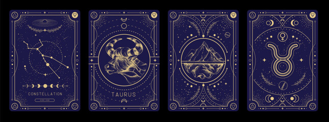 Set of Modern magic witchcraft cards with astrology Taurus zodiac sign characteristic. Vector illustration - obrazy, fototapety, plakaty