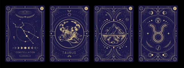 Foto op Plexiglas Set of Modern magic witchcraft cards with astrology Taurus zodiac sign characteristic. Vector illustration © annbozhko