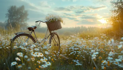Keuken foto achterwand Fiets A countryside landscape featuring a bicycle with a flower basket, parked amid tall grass and wildflowers, creating a serene