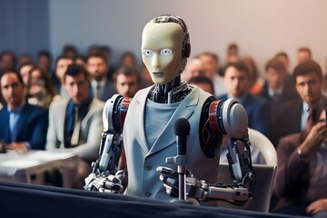 AI intelligent robots speaking at international and political press conferences