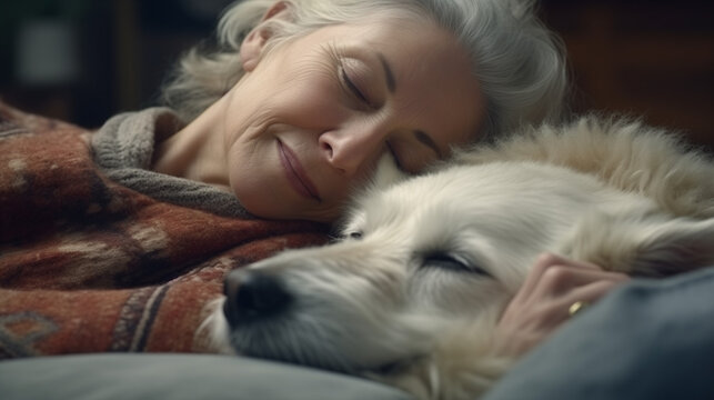 Senior woman snuggling with dog