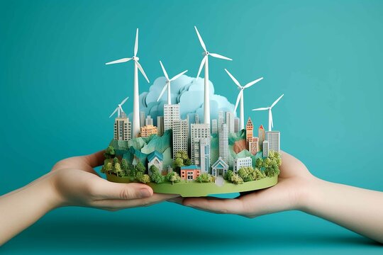 The hand is holding the earth and wind turbines in the background of blue paper, in the style of green and gray, installation creator, colorful flat backgrounds