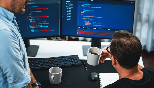 IT developers discussing online software development information on pc screen, creating program coding for latest version application on website. Concept of brainstorming firmware updated. Sellable.