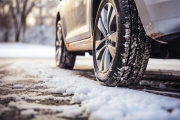 Winter tires gripping the road's surface for enhanced traction - obrazy, fototapety, plakaty
