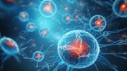 Stem cell research advances our understanding of cellular therapy and regeneration, delving into microscopic views of body cells. - obrazy, fototapety, plakaty