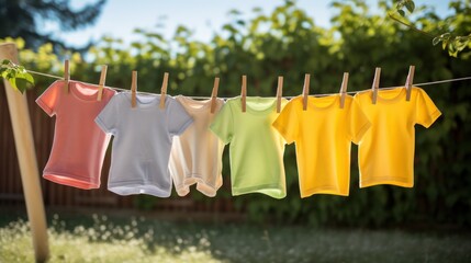 Colorful children's clothes drying on a clothesline in the yard under the sunlight
