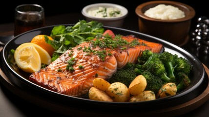 Delicious salmon fillet with fresh vegetables on the plate