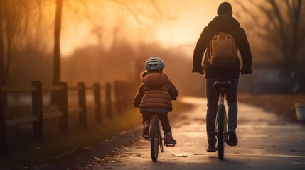 Parent and child biking together on morning before sunrise, lifestyle, leisure, summer, nature, young, family, sky, ride, sunset, silhouette, son, vacation, recreation