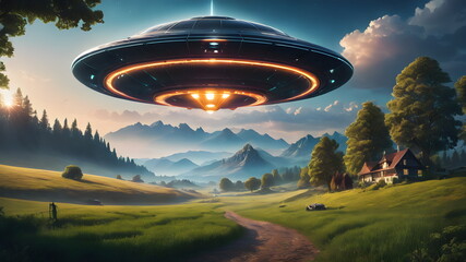 Mysterious unidentified flying object UFO suspended over a serene countryside