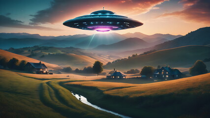 A mysterious UFO hovering over a peaceful countryside at dusk