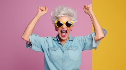 hooray elder woman indicate empty space wear spectacles shirt isolated on color background, joyful, cheerful, adult, achievement, retirement, happy, happiness, success - obrazy, fototapety, plakaty