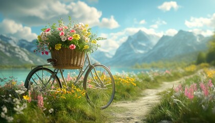 A dynamic shot capturing the movement of a bicycle with a flower basket, speeding along a scenic path, delivering a sense of adventure in