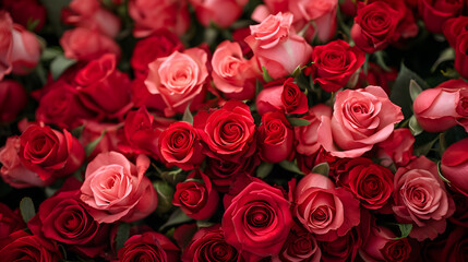 Natural fresh red and pink roses bouquet. Flowers pattern wallpaper. Top view. Red rose flower wall background.