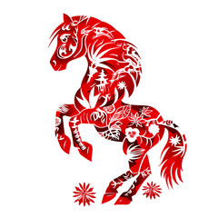 Silhouette in the shape of red animal designations Horse, woodcut prints, cultural symbolism, China New Year celebration isolated PNG