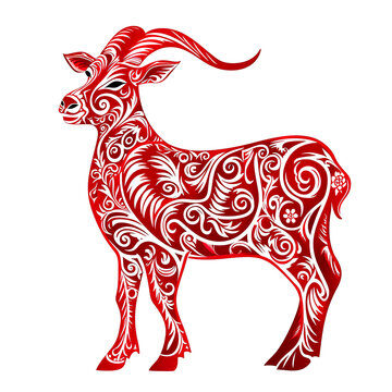 Silhouette in the shape of red animal designations Goat, woodcut prints, cultural symbolism, China New Year celebration isolated PNG