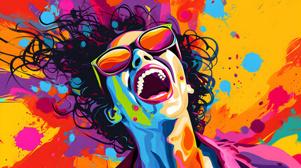 Abstract Joy: Vibrant Illustration Capturing a Woman's Radiant Laughter, Euphoric Celebration: Abstract Art Depicting a Woman in Colorful Delight