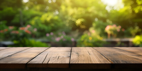 Green color organic farm nature background with aged plain wood table top, Brown wood table in summer farm green landscape, A close up of a wooden table with a bench in the background , Generative AI - obrazy, fototapety, plakaty