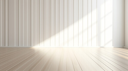 3d stimulate of white room interior and wood plank floor with sun light shadow on the wall