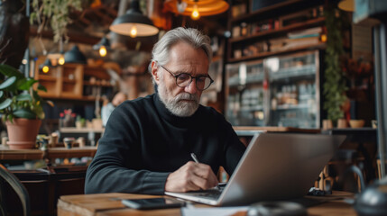 Senior Entrepreneur Focused on Work in a Cozy Cafe Setting. AI Generative