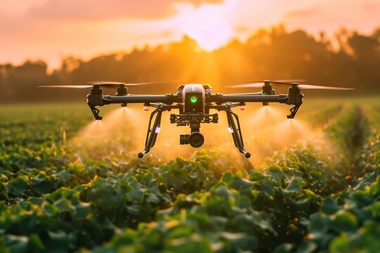Agricultural Drone Spraying Pesticides Over Crop Field at Sunset