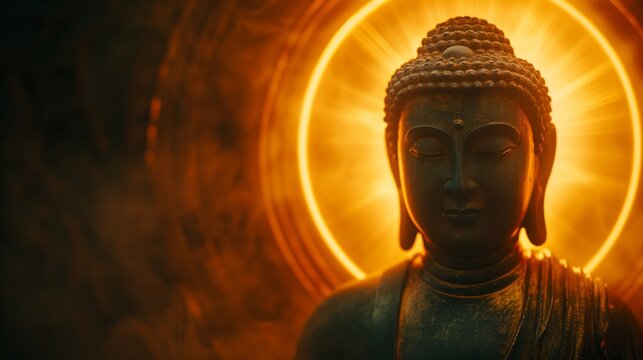 Soft, glowing halo around the Buddha's head, representing spiritual enlightenment and divine energy.