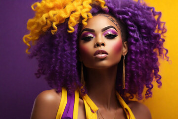 Beautiful african american woman with afro hairstyle and colorful makeup