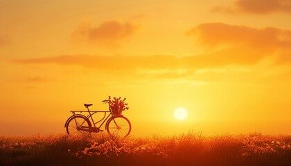 A minimalist composition highlighting the silhouette of a bicycle and its flower basket against the backdrop of a golden sunset, rendered in