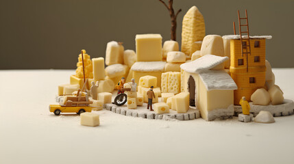 The concept of nutrition with miniature men is a composition of cheese. - obrazy, fototapety, plakaty