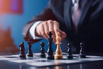 businessman's hands moving chess in a competitive game of strategy, management and leadership