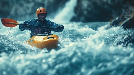 Man paddling a kayak down a river with a big copy space, Generative AI. - obrazy, fototapety, plakaty
