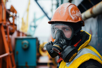 Portrait of a firefighter wearing a gas mask in a shipyard, Portrait of a male worker wearing a safety vest 