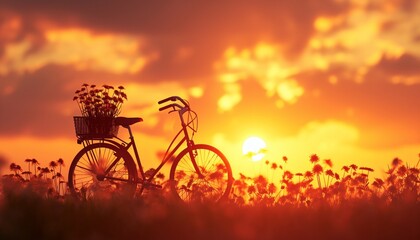 A minimalist composition highlighting the silhouette of a bicycle and its flower basket against the backdrop of a golden sunset, rendered in