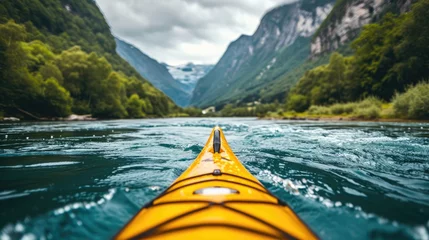 Foto op Canvas Man paddling a kayak down a river with a big copy space, Generative AI. © Planum