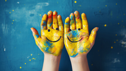 Kid's hands with smile face painted