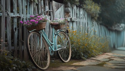 Fototapeta na wymiar A nostalgic portrayal of a bicycle with a flower basket, standing by a wooden fence, evoking feelings of simplicity and charm in pristine