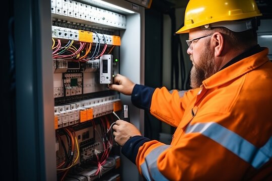 An electrician engineer using a multimeter to assess electrical installations and power line current in an electrical system control cabinet