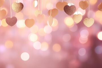 Banner Pink golden heart shaped sparkling crystal balloons on pink bokeh background . Minimal love concept. Valentine's Day or wedding party decoration.