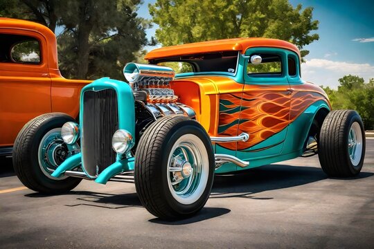 Fototapeta Beautiful teal and orange vintage hot rod car, automotive background, tuning template, wallpaper