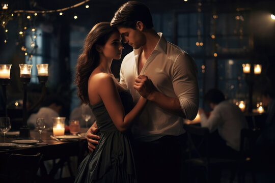 Caucasian Man And Woman Dancing In Dark Restaurant Celebrating Valentine's Day Or Holiday. Love Couple Happy Together. Intimate Moment Girlfriend And Boyfriend Anniversary, Family Holiday Celebration