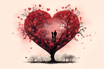 Valentine's day card with love tree and couple in love