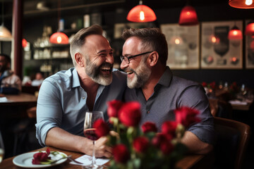 Caucasian man and man presenting gift box for each other. Friends or LGBT love couple happy together at restaurant. Boyfriends friendship, family holiday celebration