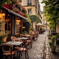 Fototapeta na wymiar Street cafe in the city. The streets of Paris are as charming as can be. Cobblestone streets, tucked away plazas and family-owned cafes and restaurants are the norm here. 