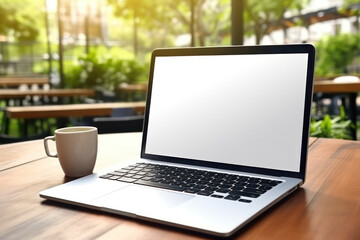 Fototapeta premium Tech simplicity, A blank screen laptop on a table, ready for tasks or creative endeavors.