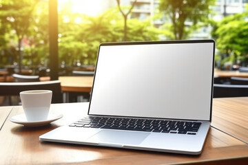 Fototapeta premium Tech simplicity, A blank screen laptop on a table, ready for tasks or creative endeavors.