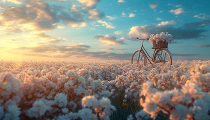 Keuken foto achterwand Fiets A serene countryside landscape featuring a bicycle with a flower basket, standing amid a field of blossoms, captured in mesmerizing