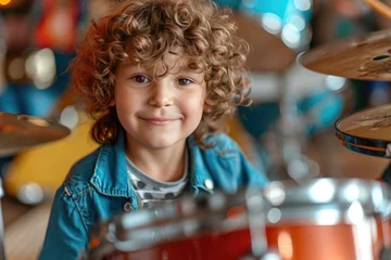 Fotobehang A happy little boy practicing drum with copy space, Generative AI. © Planum
