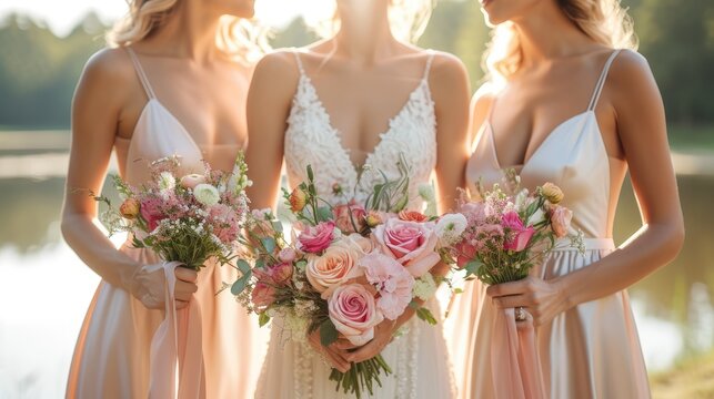 A stunning bride and her bridesmaids pose up close in the organic surroundings of their wedding day, Generative AI.
