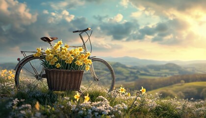 A timeless composition showcasing a bicycle with a basket filled with daffodils, set against a backdrop of rolling hills, presented in detailed