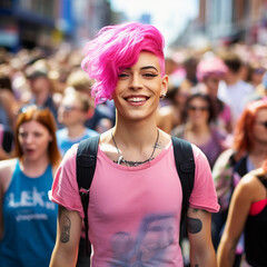 non binary person with bright pink hair gay lgbt parade 