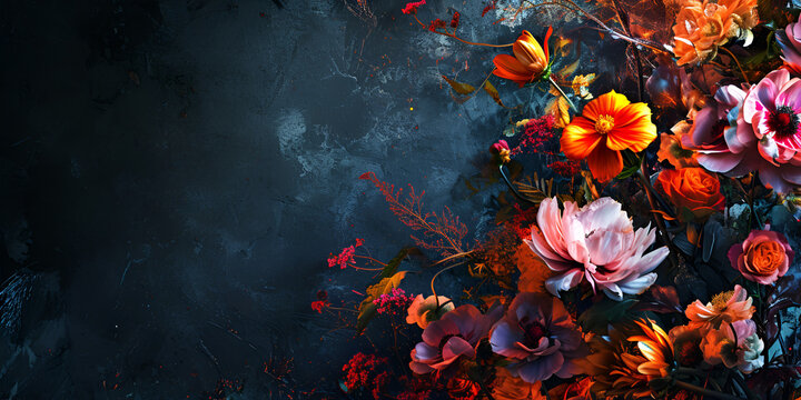 A Bouquet of Vibrant Flowers Blooming in Darkness with Ample Copy Space for Your Message © AA
